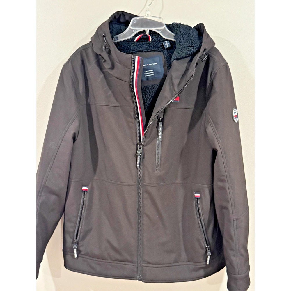 Tommy Hilfiger Men's L Hooded Jacket Water Wind Resistant Warm Soft Shell Black